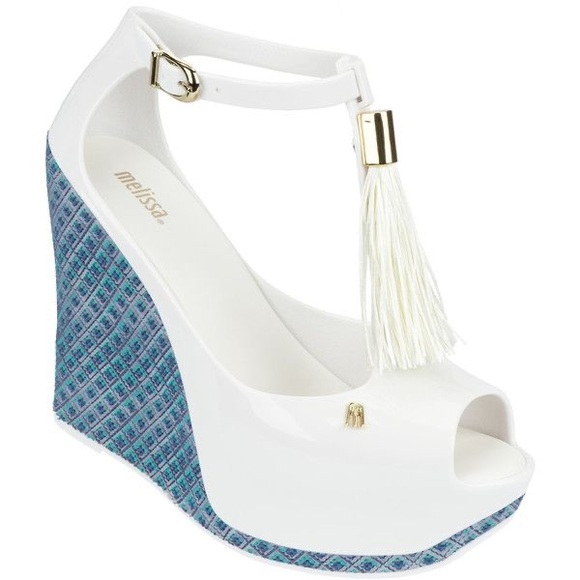 Melissa Shoes - Melissa White Blue Capri Peace Peep Toe Wedge Sandals